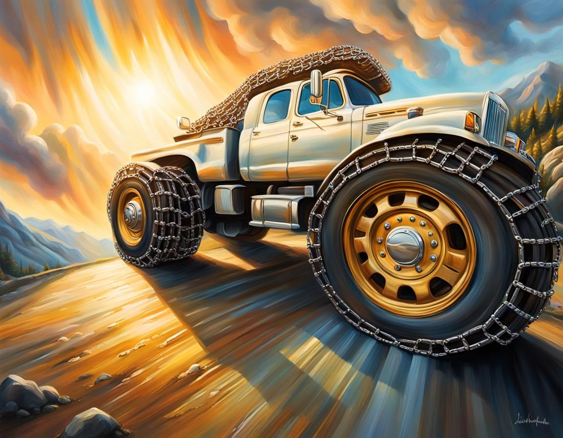 Surreal Truck on Mountain Road in Dreamy Oil Painting