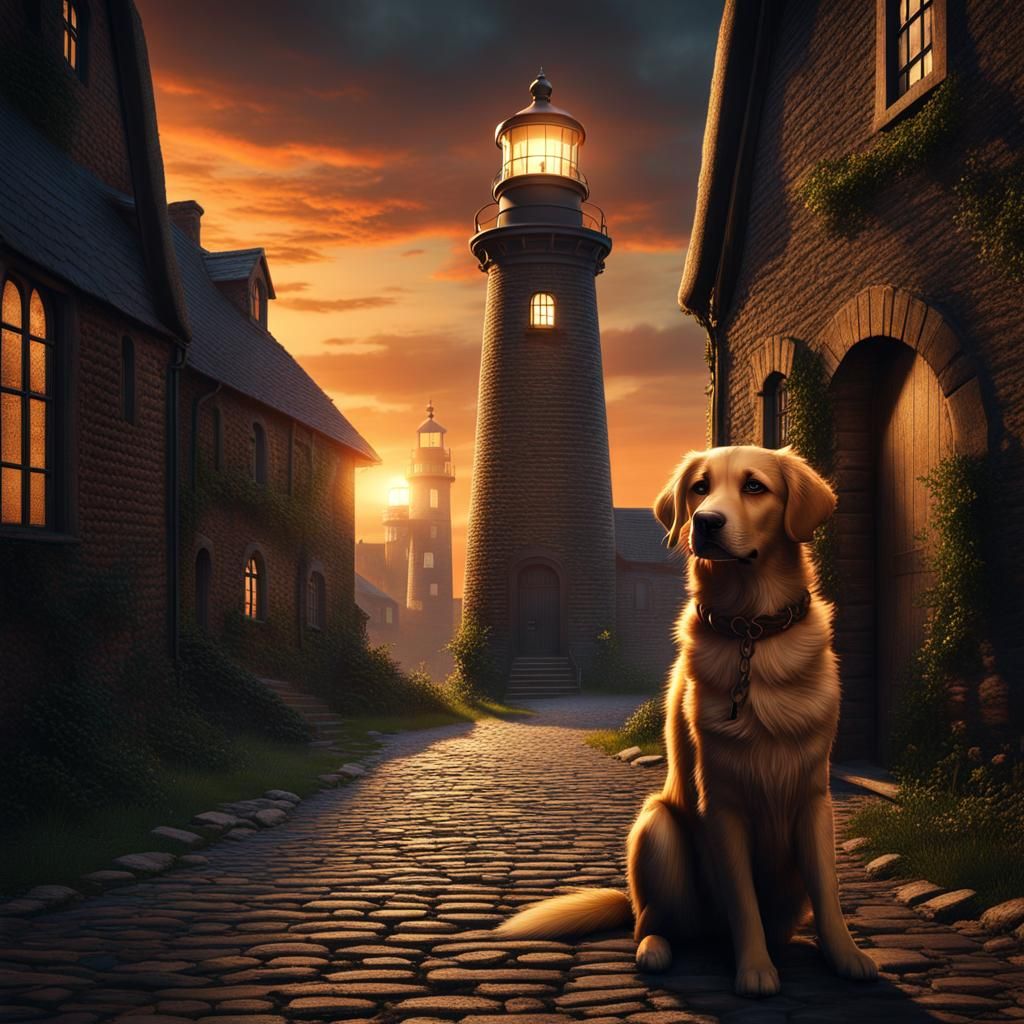 Lighthouse at End of Medieval Street with Dog
