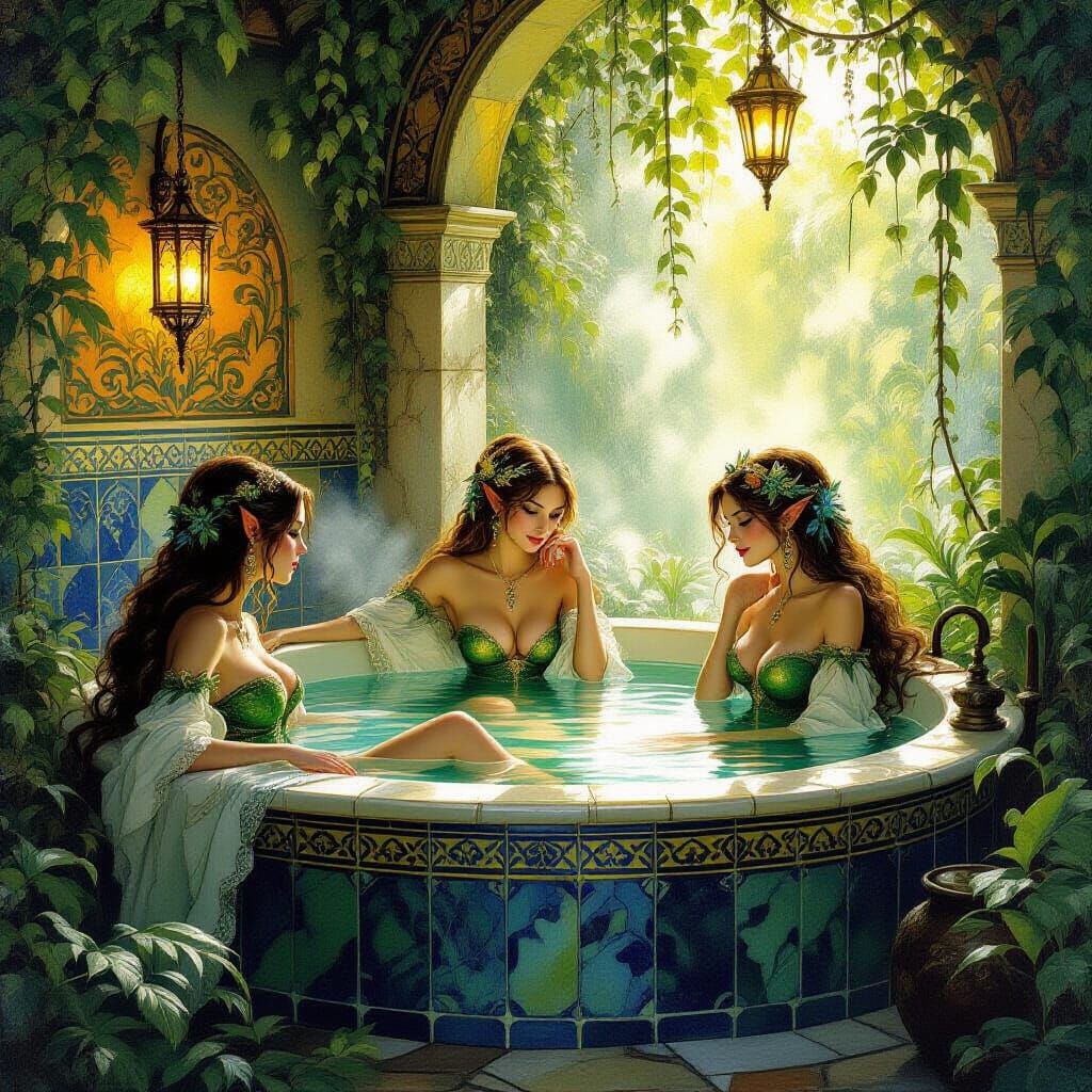 Faerie Bathhouse: A Fantasy Oil Painting