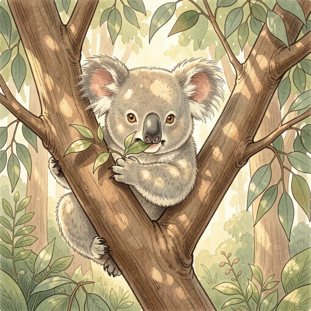 Fluffy Koala in Lush Forest, Illustrative Style