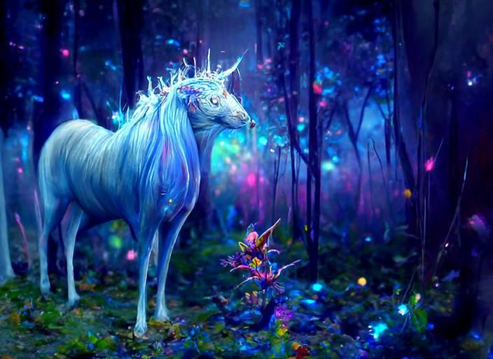 Blue Unicorn in Mystical Enchanted Forest
