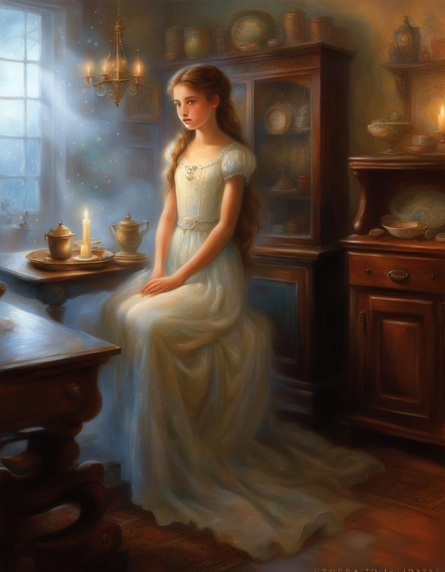 Ethereal Girl with Long Hair in Fantasy Interior
