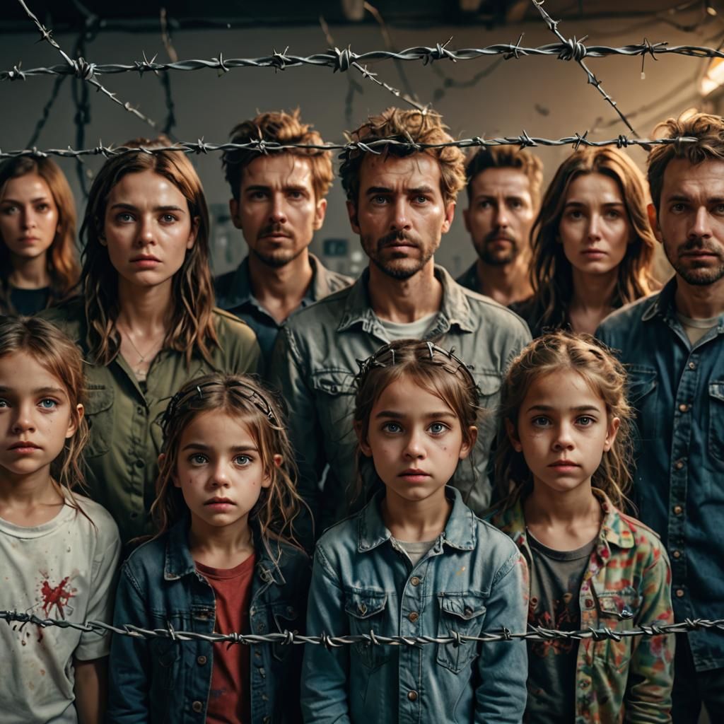Hyperrealistic Barbed Wire Family Portrait in Studio