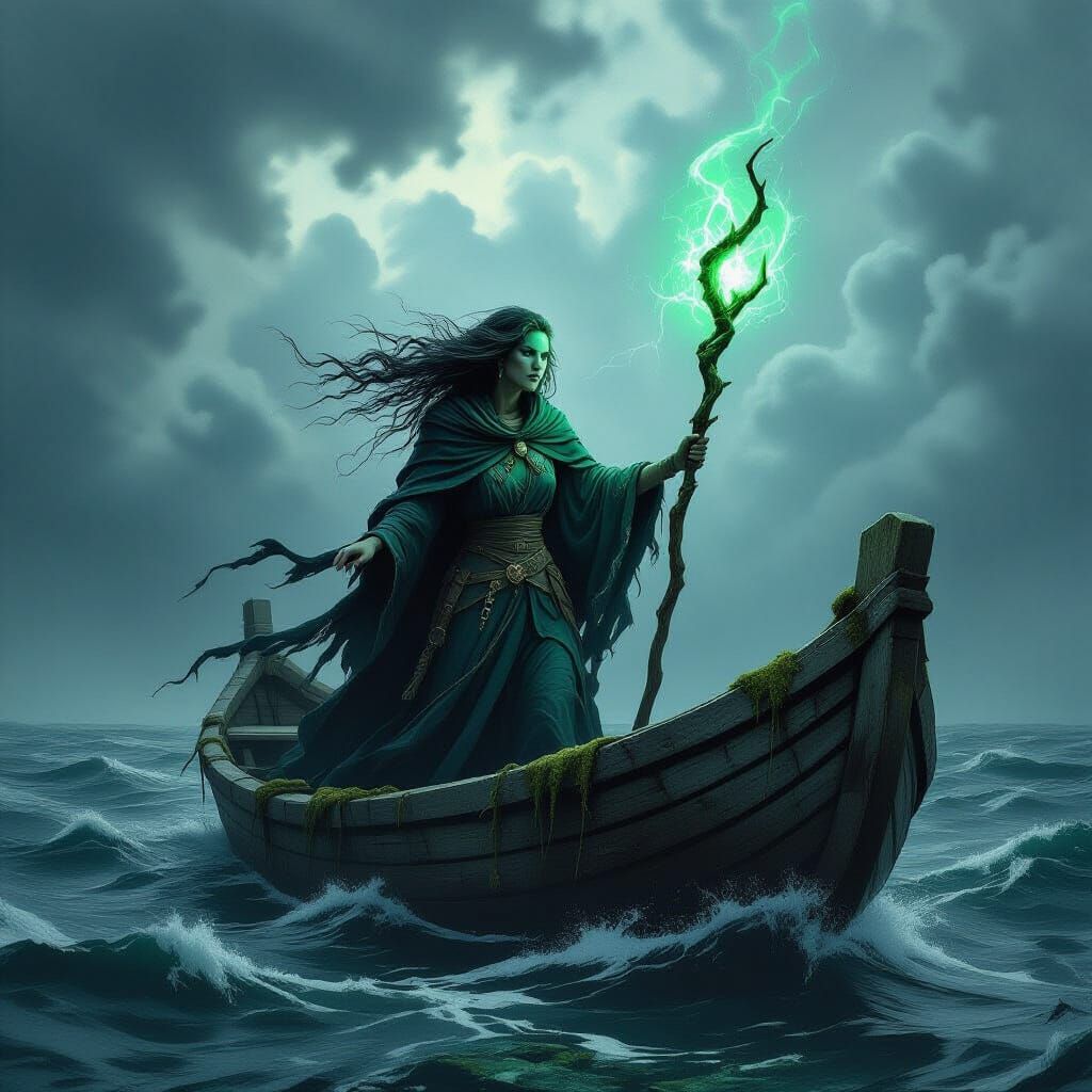 Witch in Stone Boat on Stormy Sea, Charcoal Drawing Style