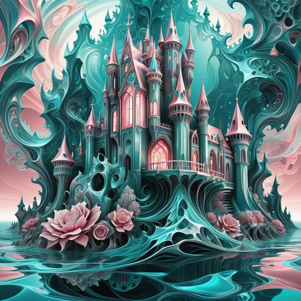 Rose Crystal Castle Guarded by Water Monster: Fractal Art