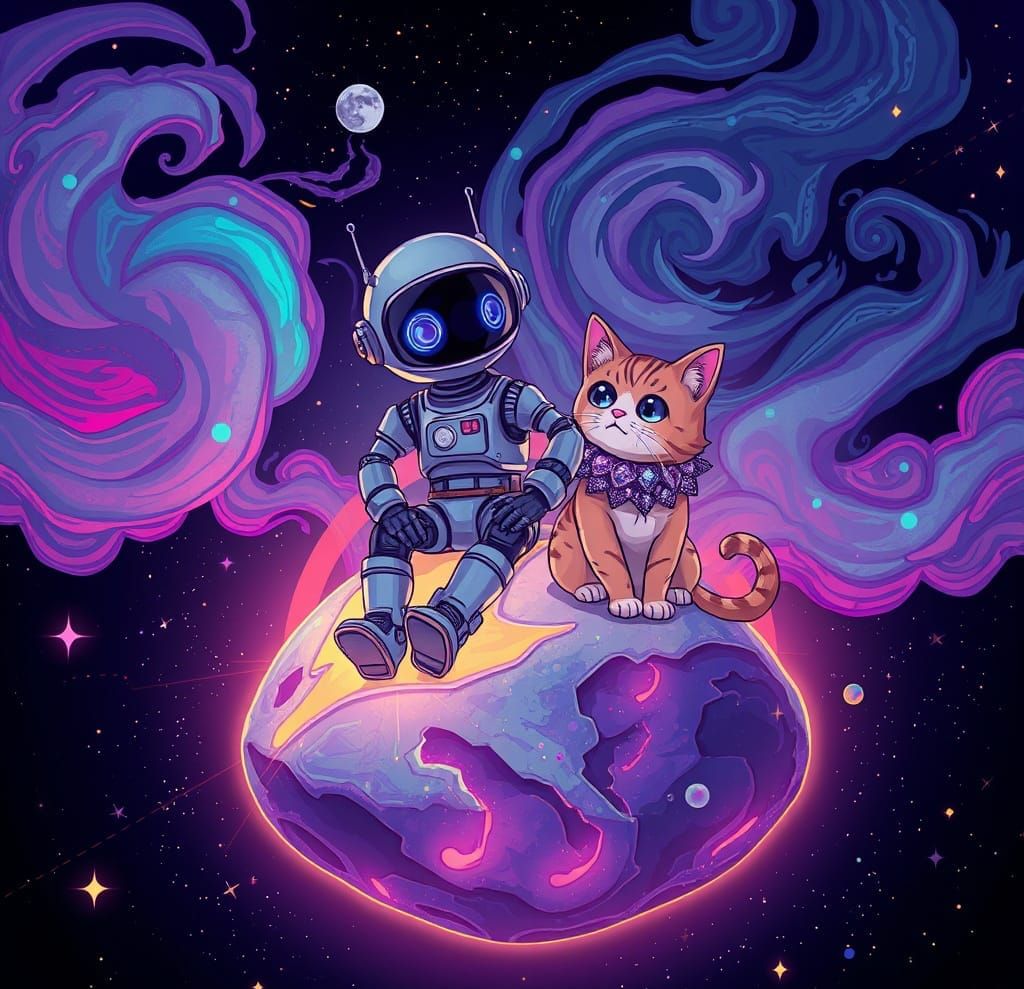 Robot and Kitty in Dreamy Celestialpunk Landscape