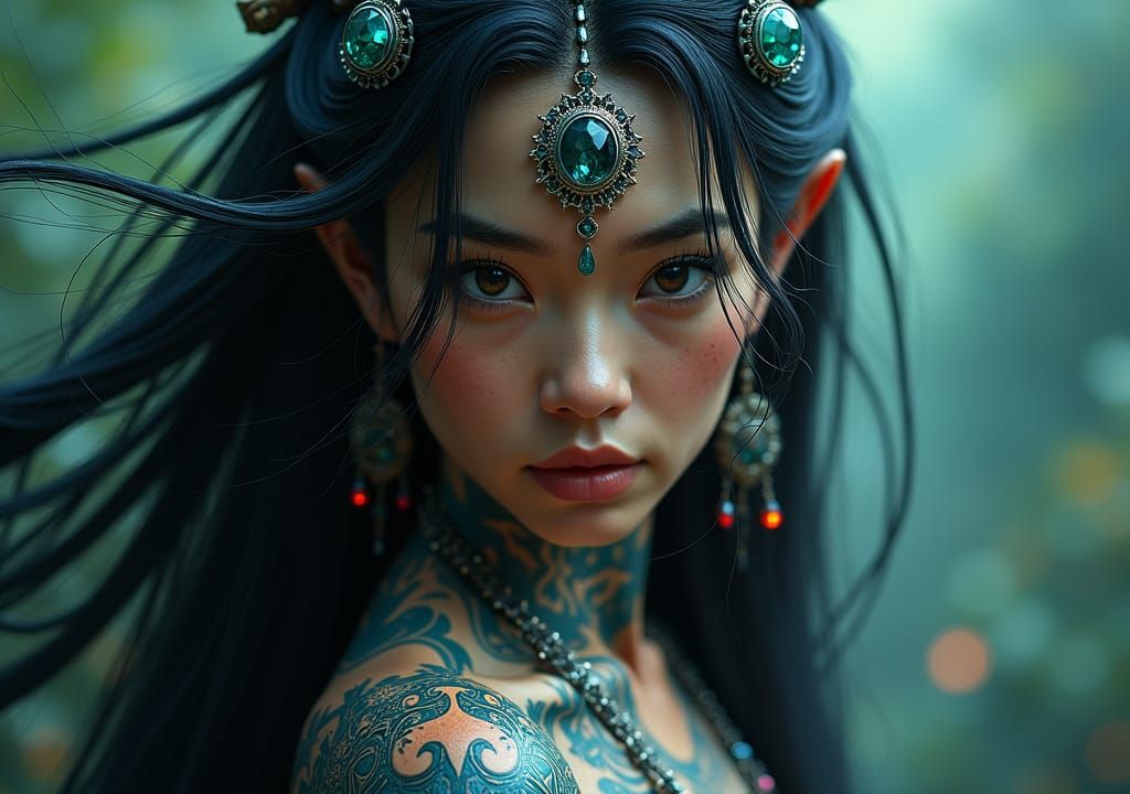 Mystical Tattooed Woman Portrait in Hyper-Realistic Style