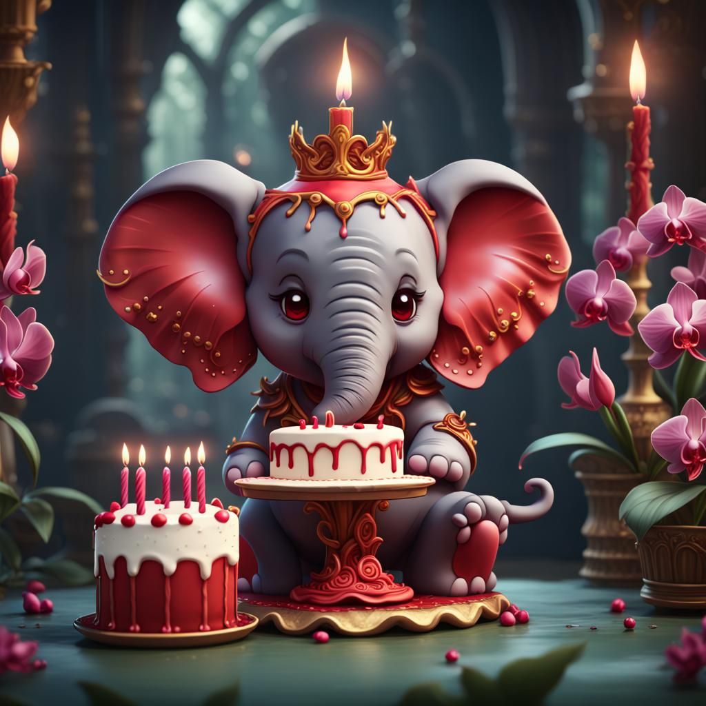 Chibi Red Orchid Elephant with Birthday Cake