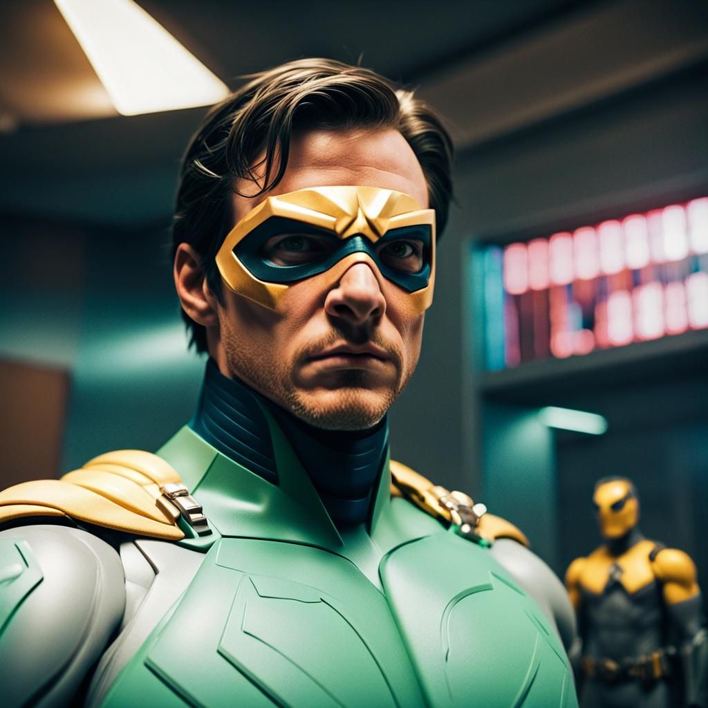 Close up portrait of a superhero <Subject> at the hall of ju...