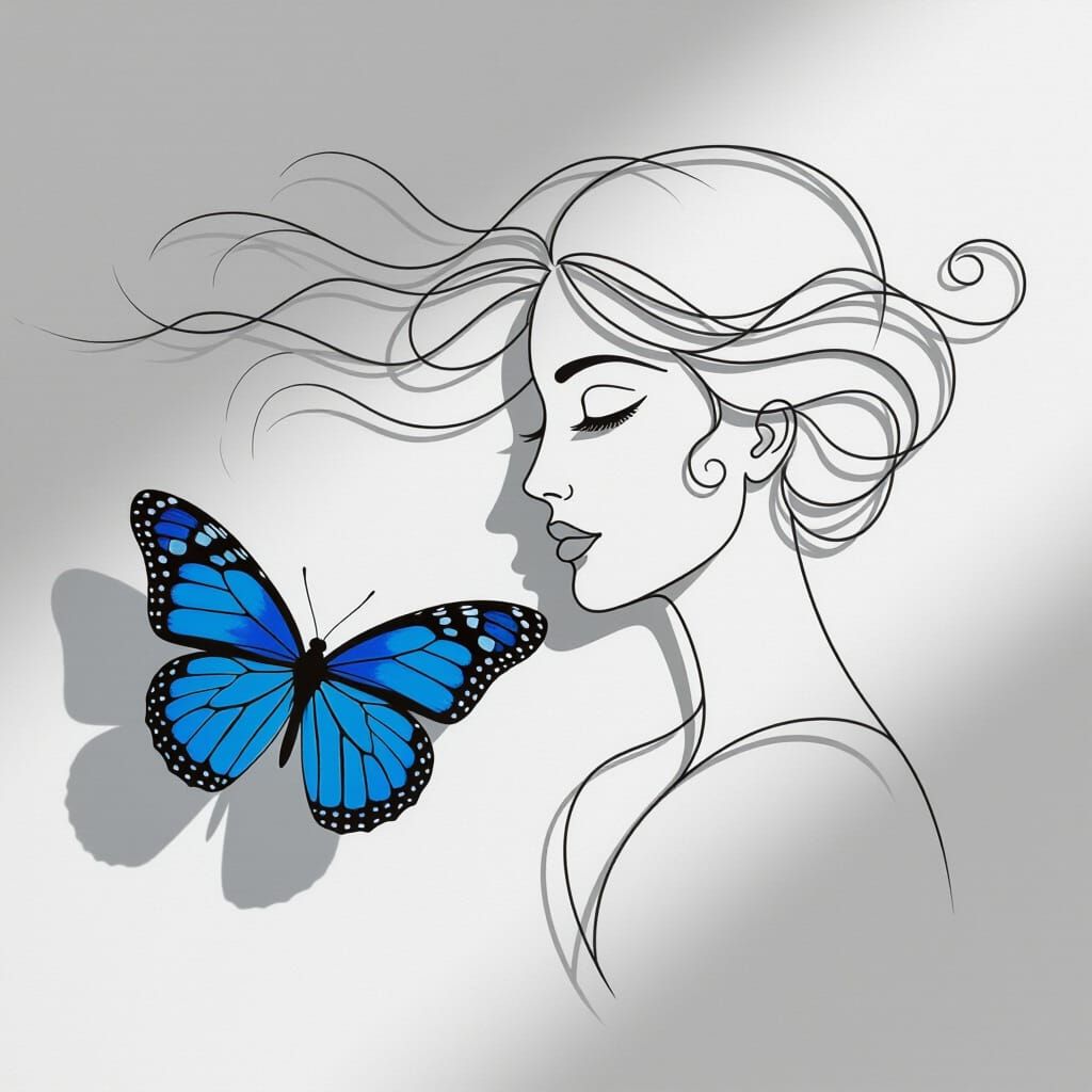 Blue Butterfly Meets Face Silhouette in Line Art