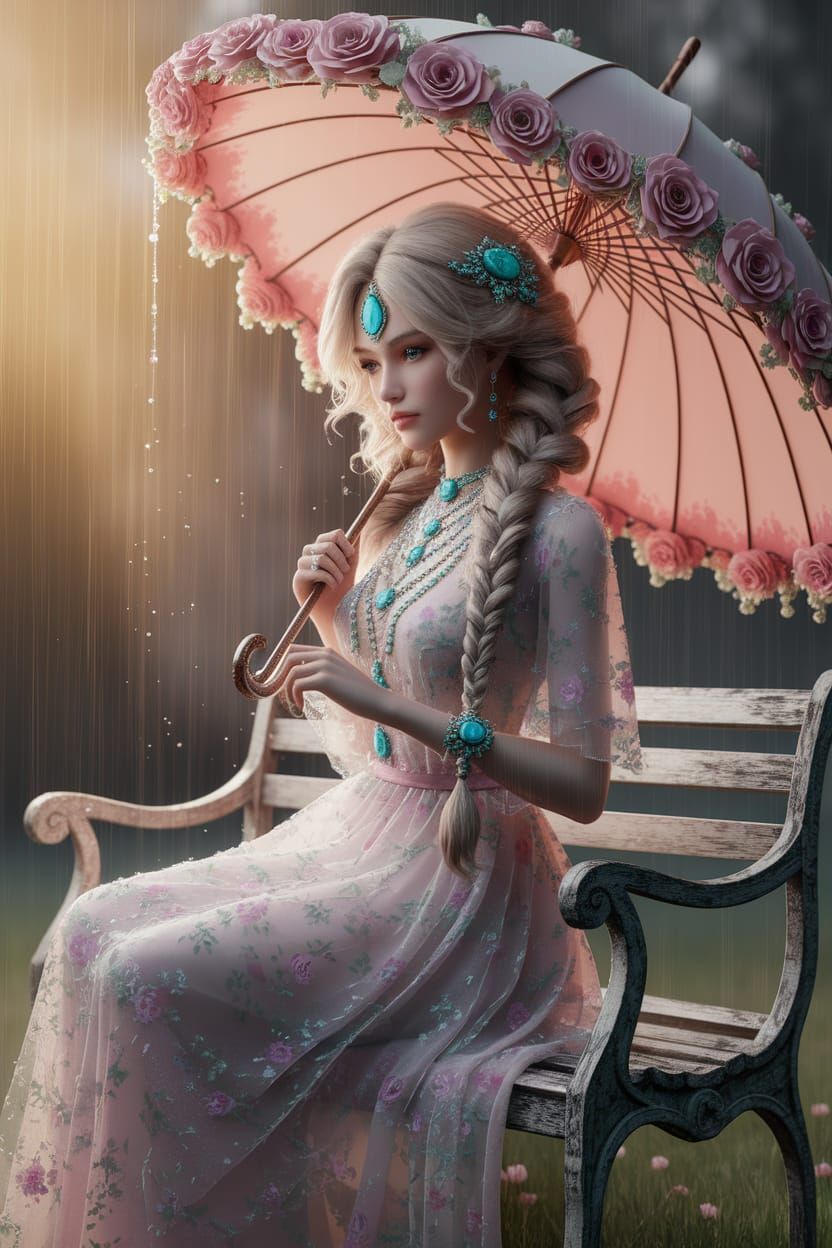 Dreamlike 3D Render: Woman in Floral Dress with Umbrella