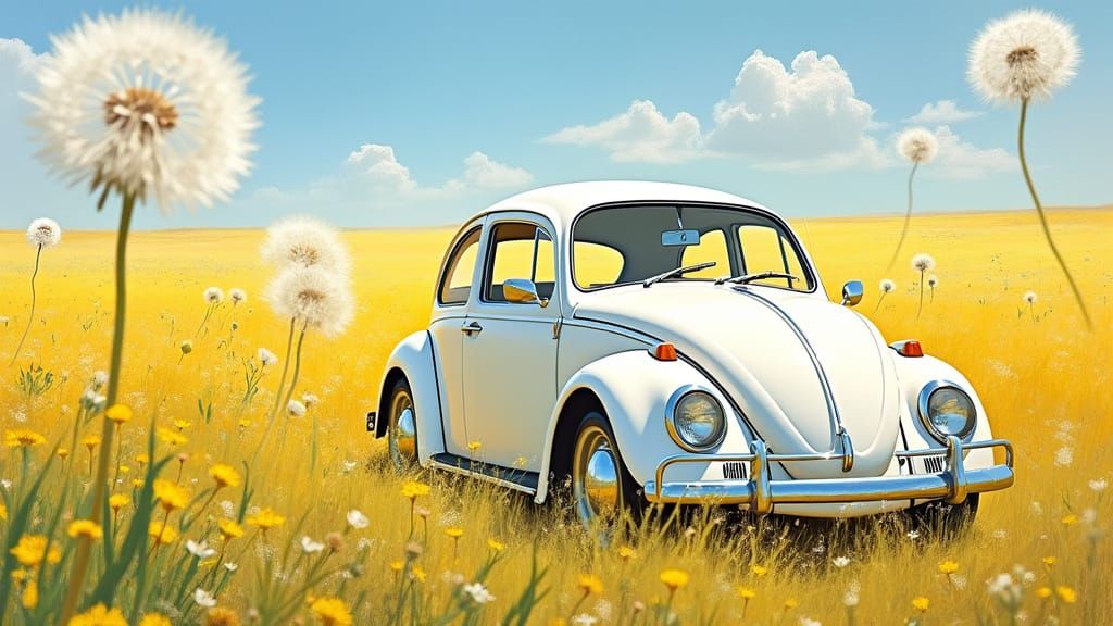 Beetle in Dandelions: A Surreal Gouache Masterpiece