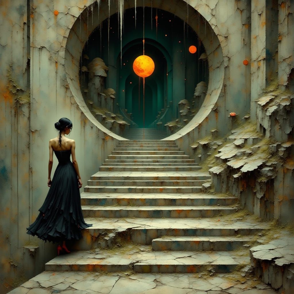 Woman Climbs Stairs to Mysterious Portal in Surreal Style