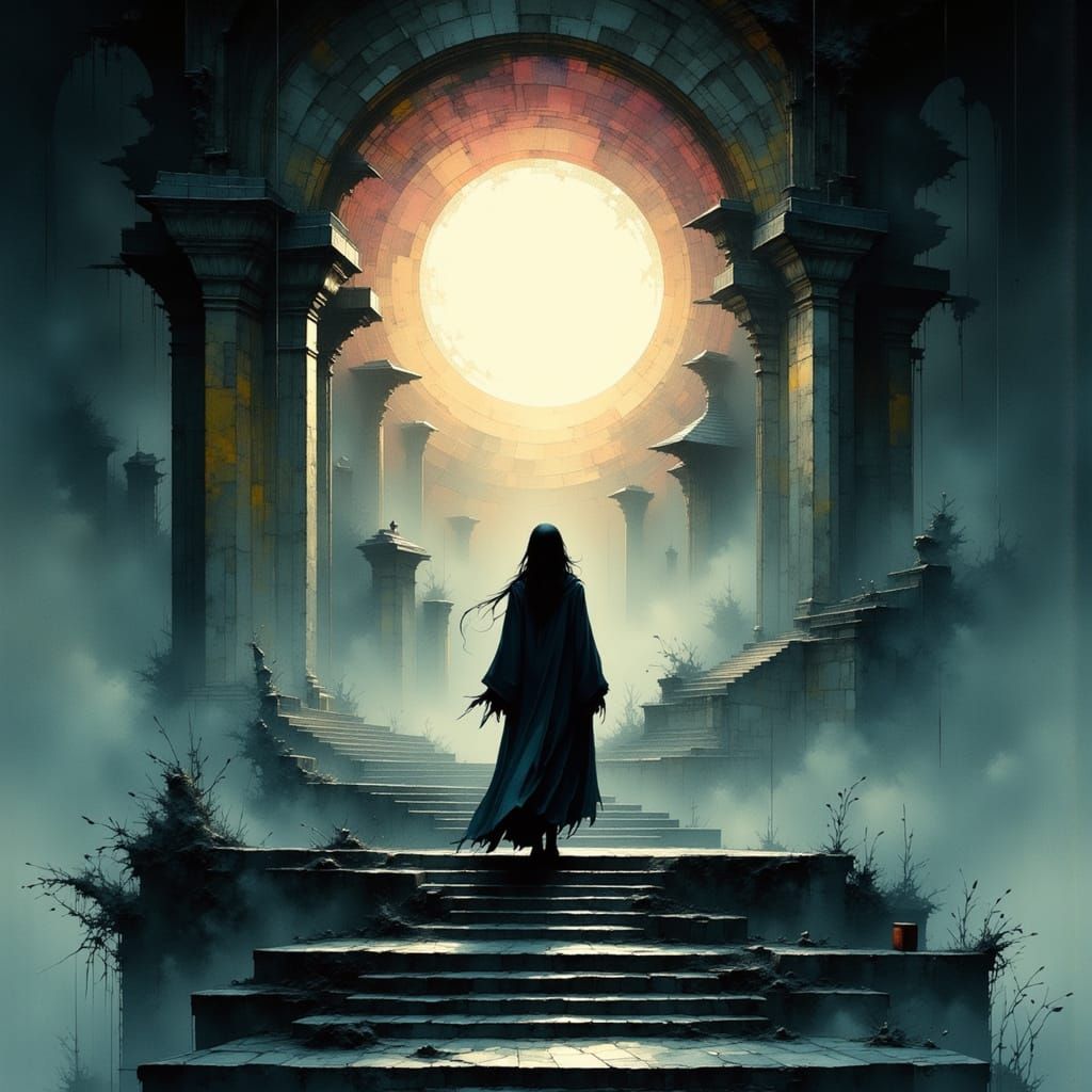 Ethereal Portal Beckons Woman in Watercolor Style