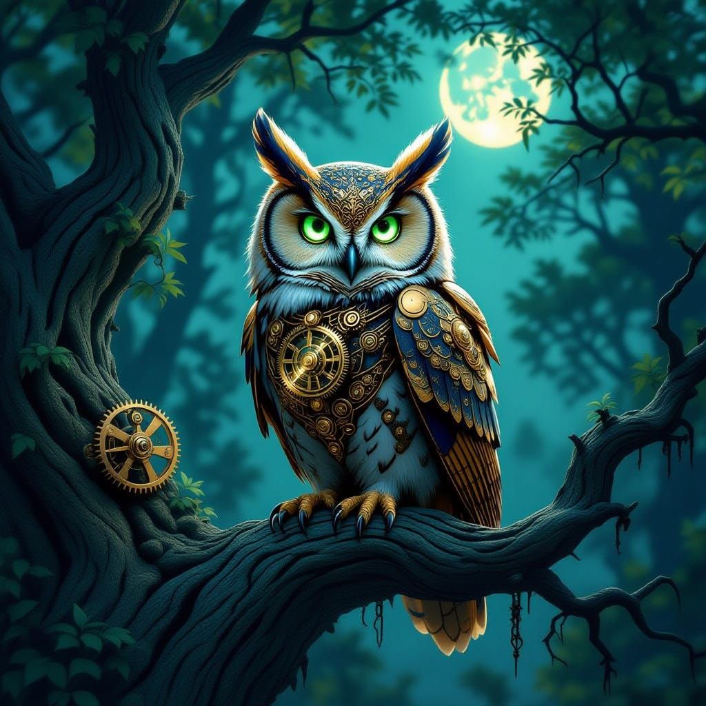 Clockwork Owl on Ancient Tree in Steampunk Style