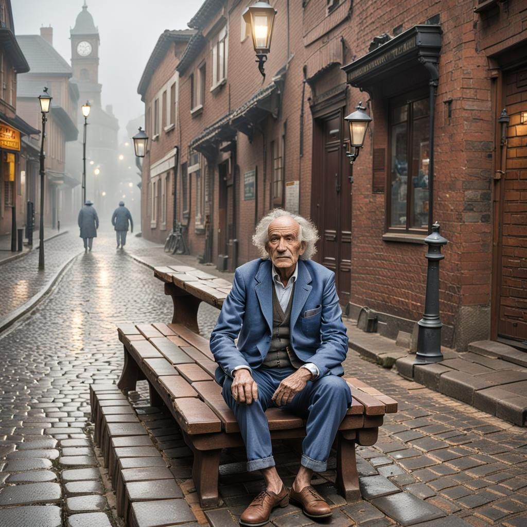 Contemplative Elderly Man on Cobblestone Street in Autumn
