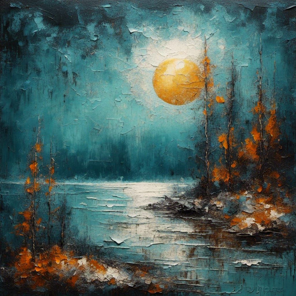 Autumn Moon Oil Painting with Cracked Varnish