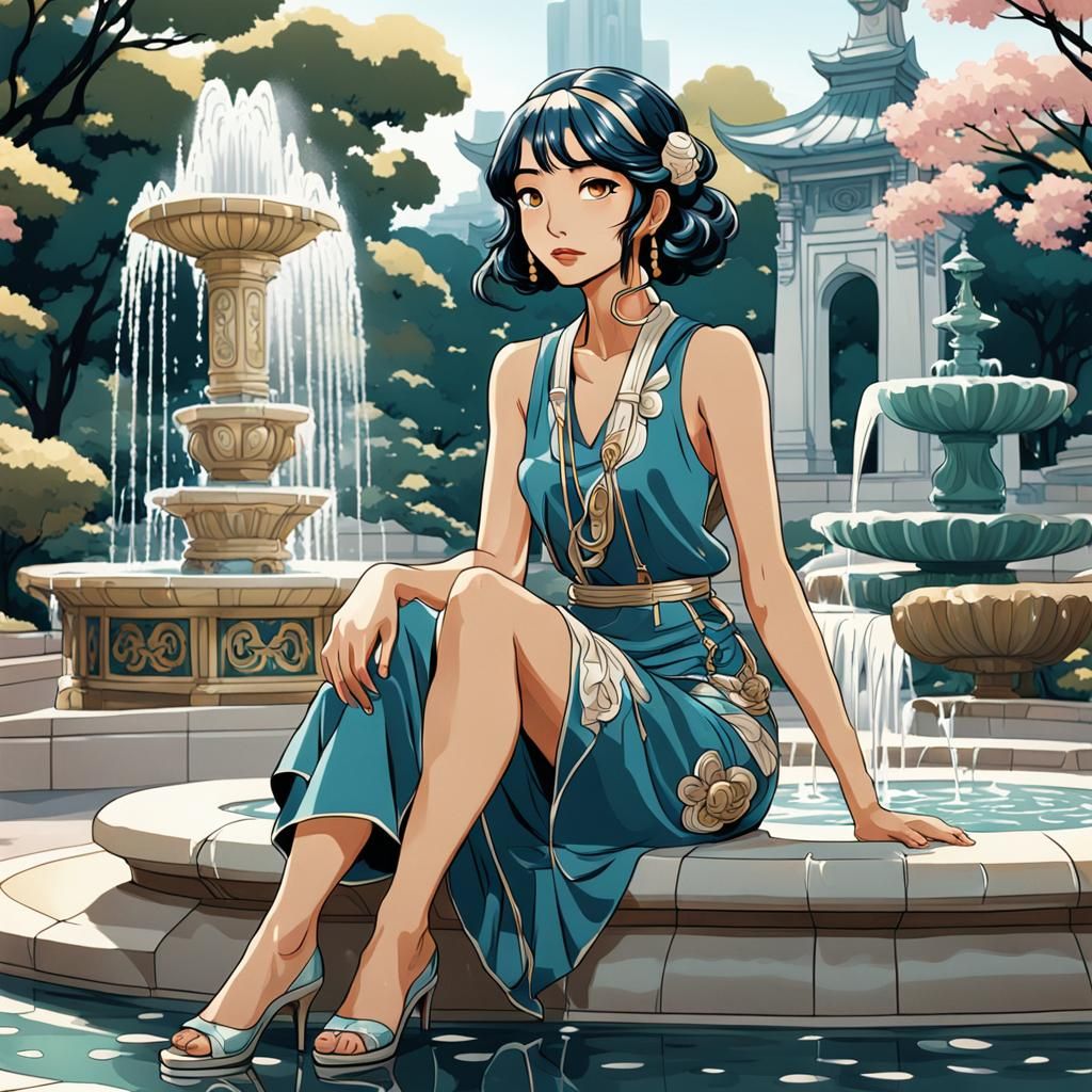 Girl by Fountain in Anime Art Deco Style
