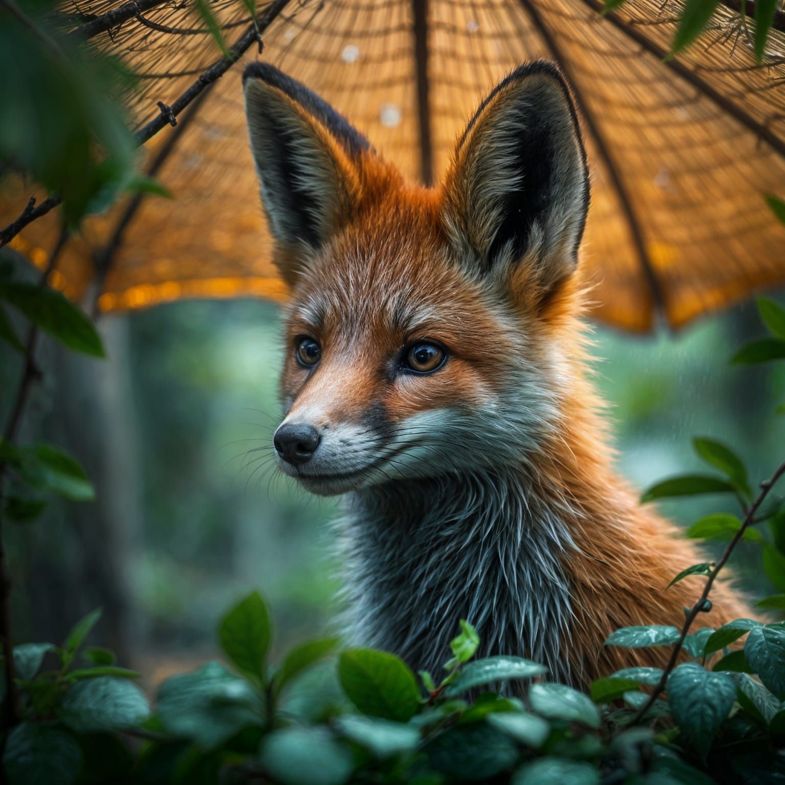 Hyperrealistic Fox Seeks Shelter in Detailed Forest