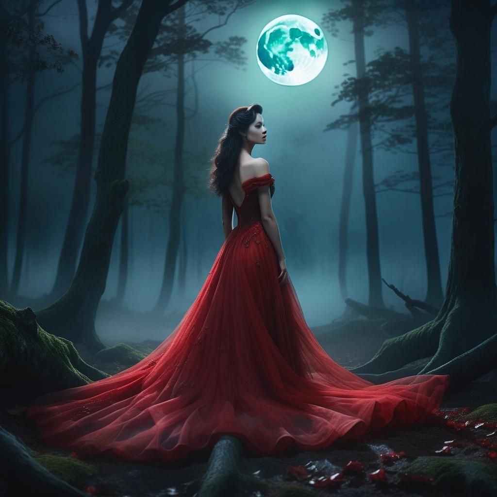Ethereal Woman in Red Gown Under Moonlight