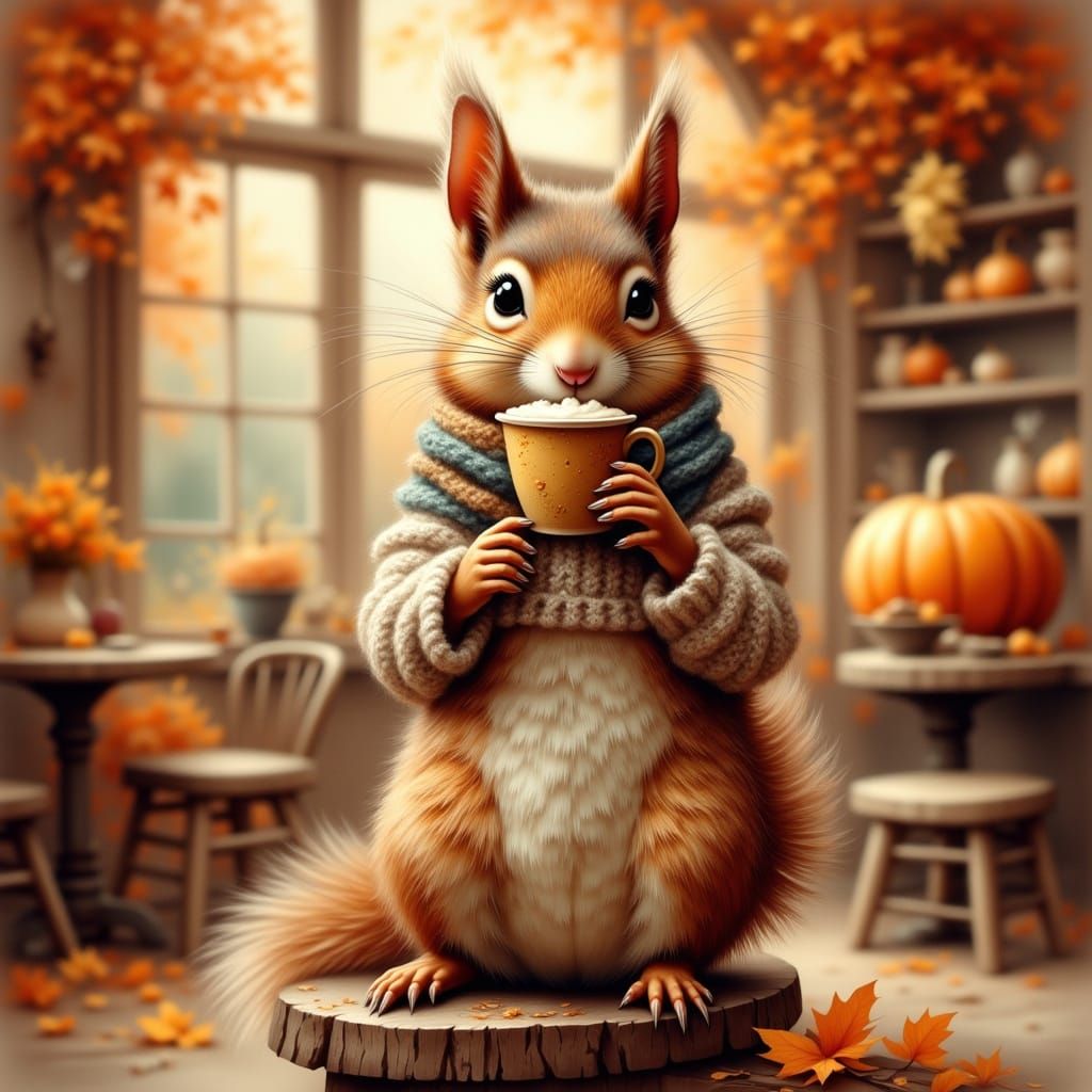Squirrel's Autumn Latte Break: Beatrix Potter Style