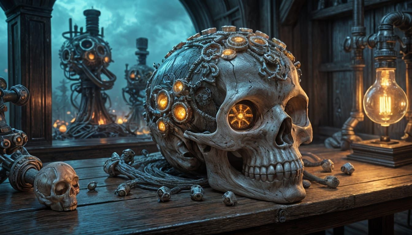 Wooden Skull on Table with Bioluminescent Mushrooms and Stea...