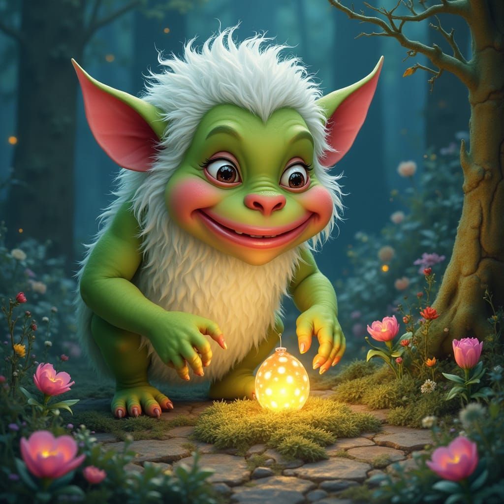 Whimsical Ogre Tends Magical Garden with Fluffy Fur