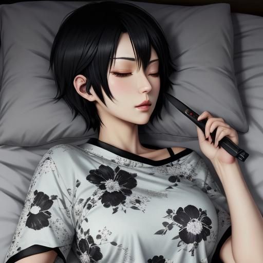 Anime Girl Sleeping with Knife at Night