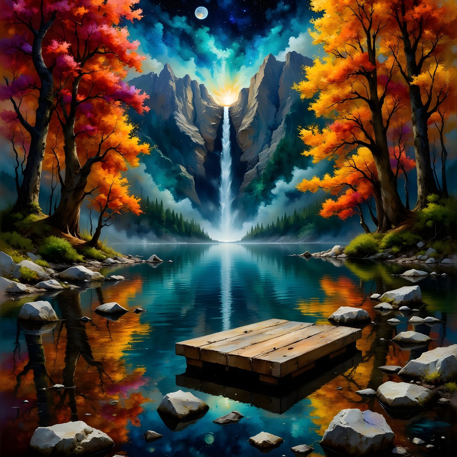 Autumn Lake Scene with Wooden Raft and Surreal Mountains