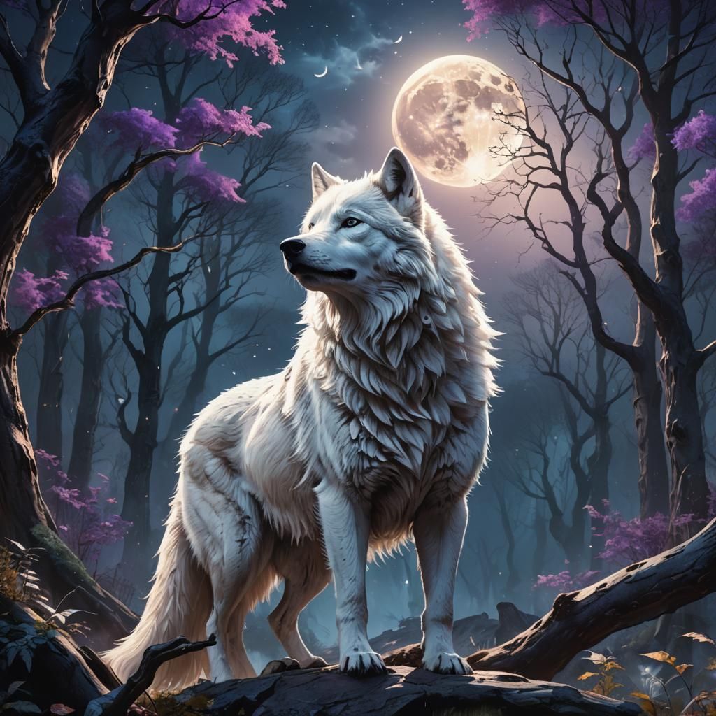 Mystical White Wolf Howling in Moonlit Forest