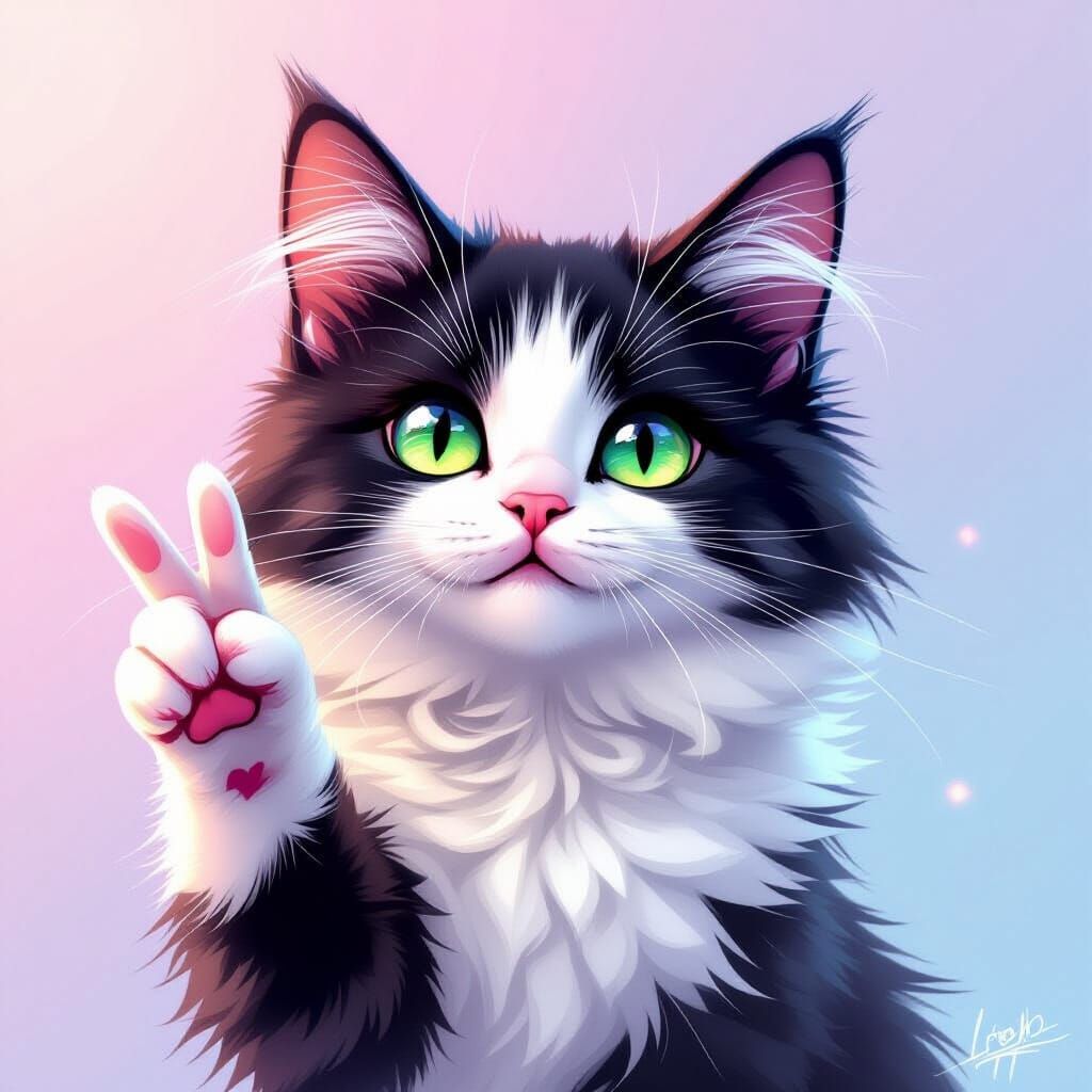 Fluffy Cat Blowing Kiss With Peace Sign in Whimsical Art