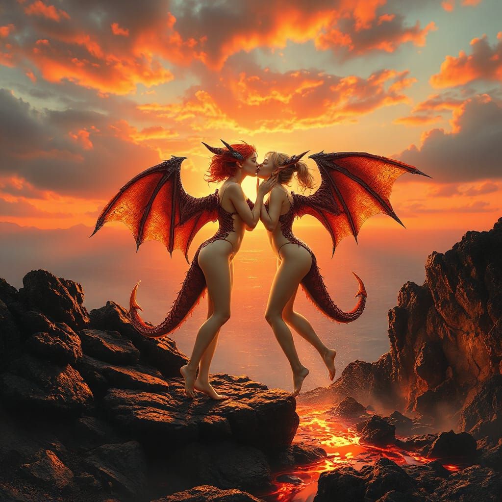 Surreal Sunset Goddesses Unite in Ethereal Passion