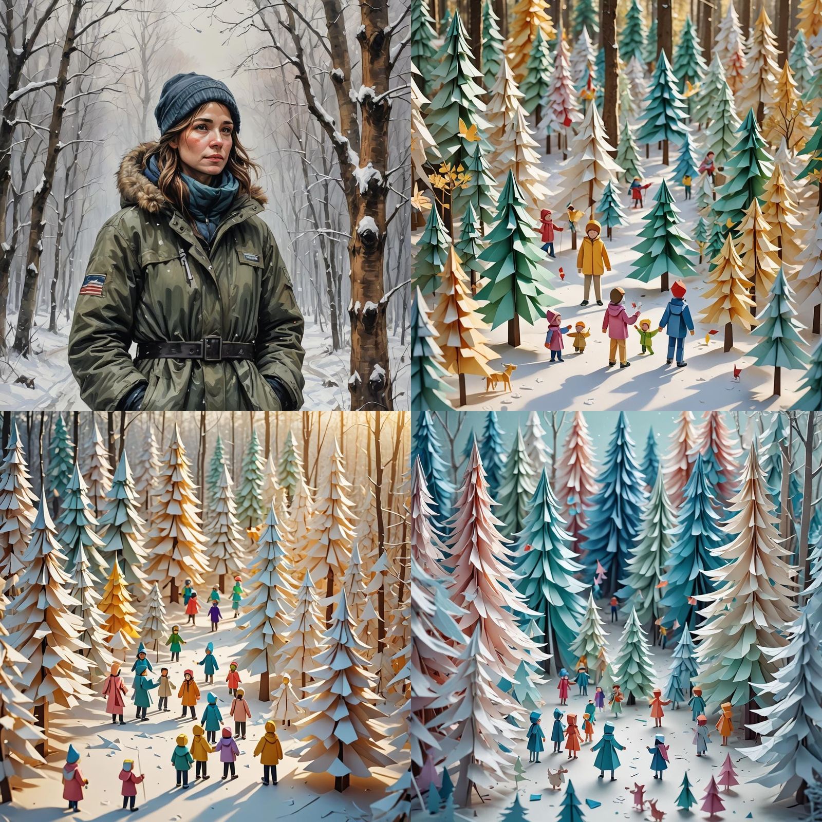 Festive New Year Celebration in Winter Forest, Origami Style