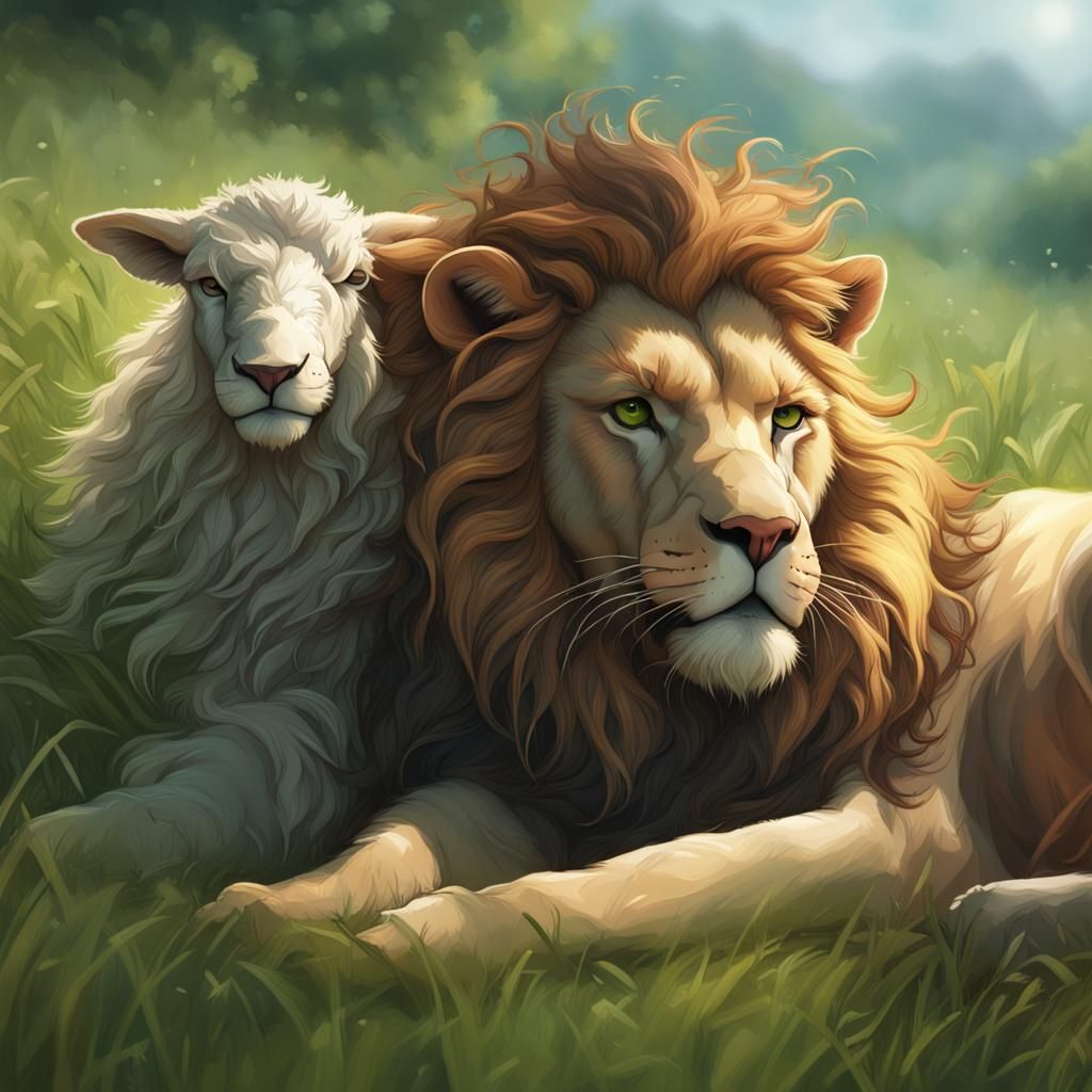 Lion and Lamb in Meadow, Detailed Concept Art