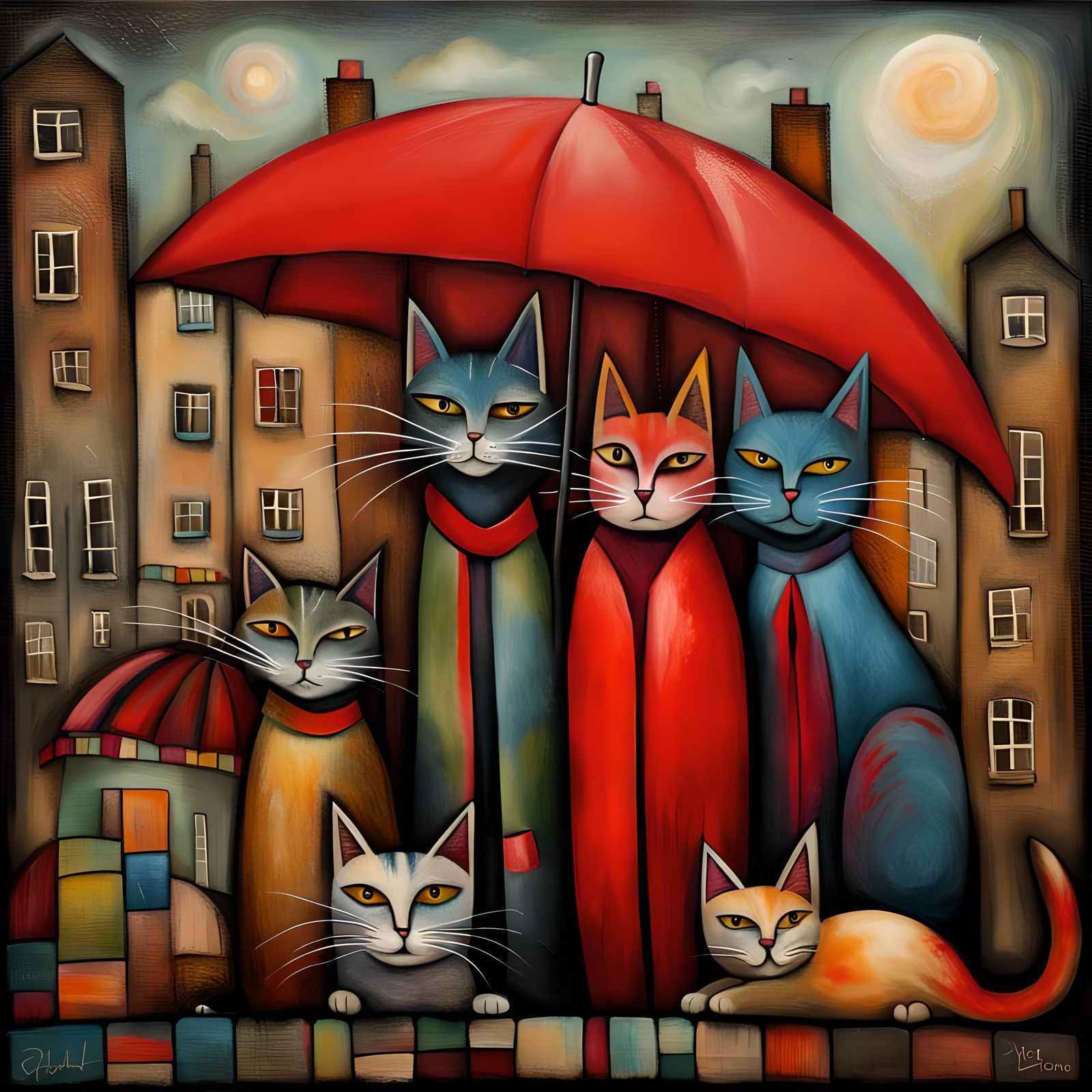 Prompt :
whimsical folk art picture Julia pott Quentin Black Kandinsky inspired of a several different coloured cats hu...
