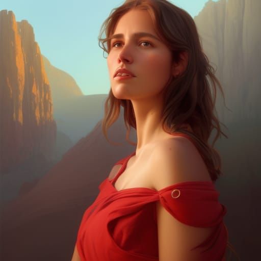 Beautiful Shuswap Girl in Red Dress, Detailed Portrait