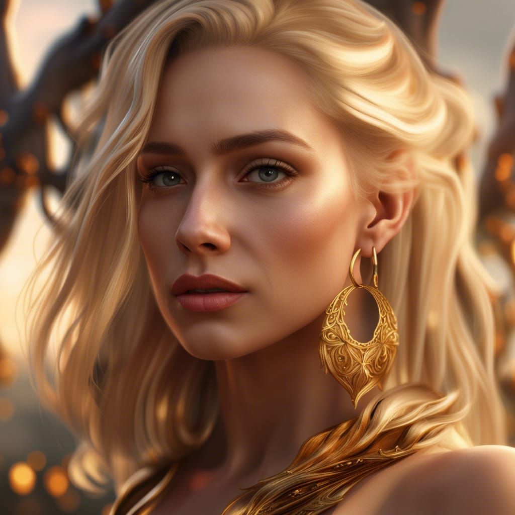 Photorealistic Woman with Blonde Hair and Golden Earrings