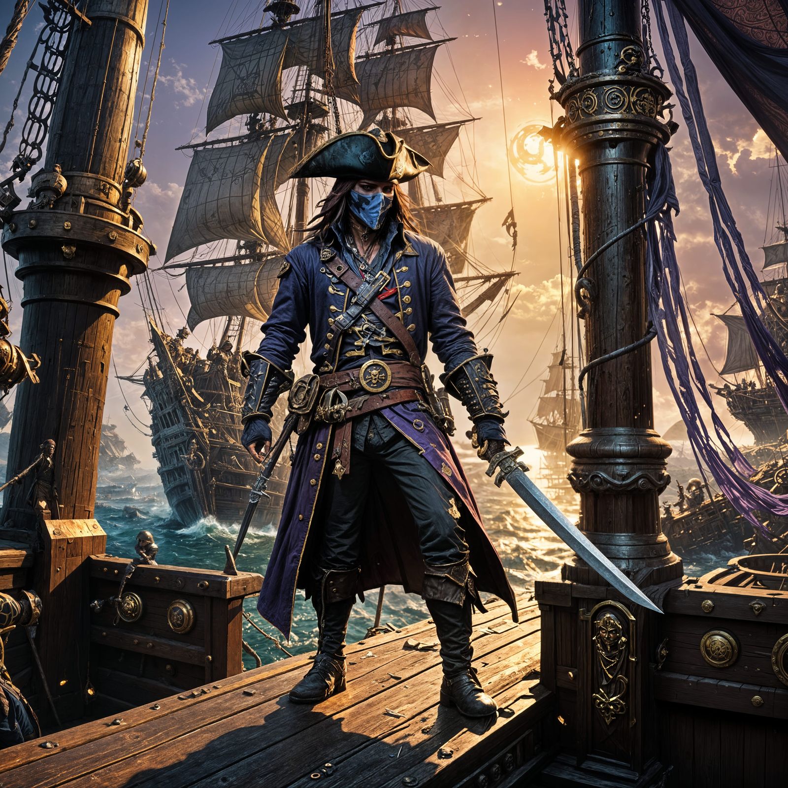 Masked Pirate Captain on Ship: Dark Fantasy Art