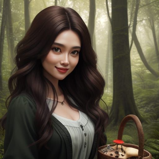 Woman with Mushrooms in Dreamy Forest Photo