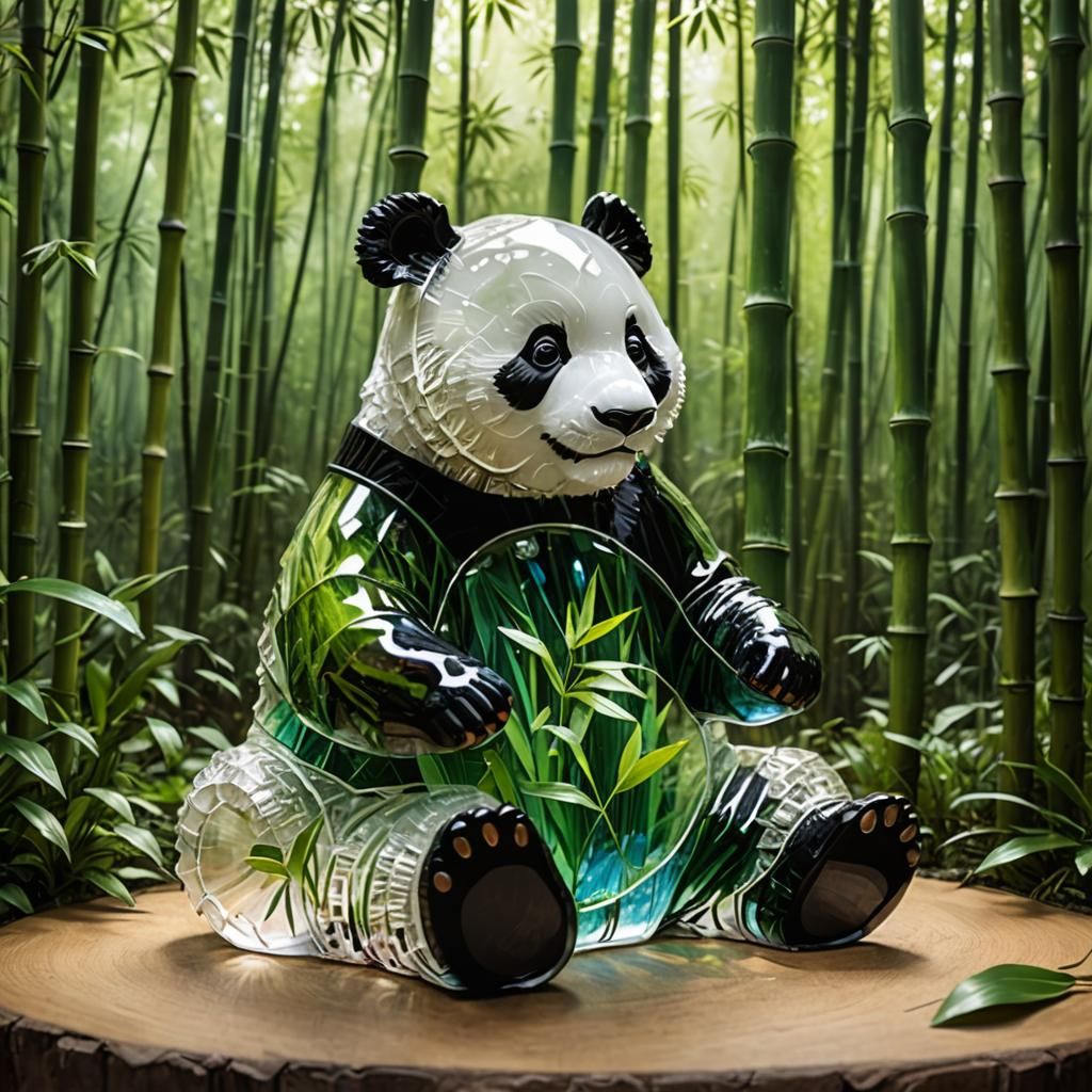 Transparent Glass Panda in Bamboo Forest Artwork
