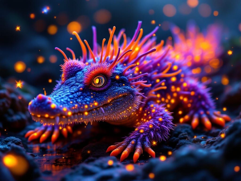 Glowing Baby Alligator Amidst Sparkling Fireflies