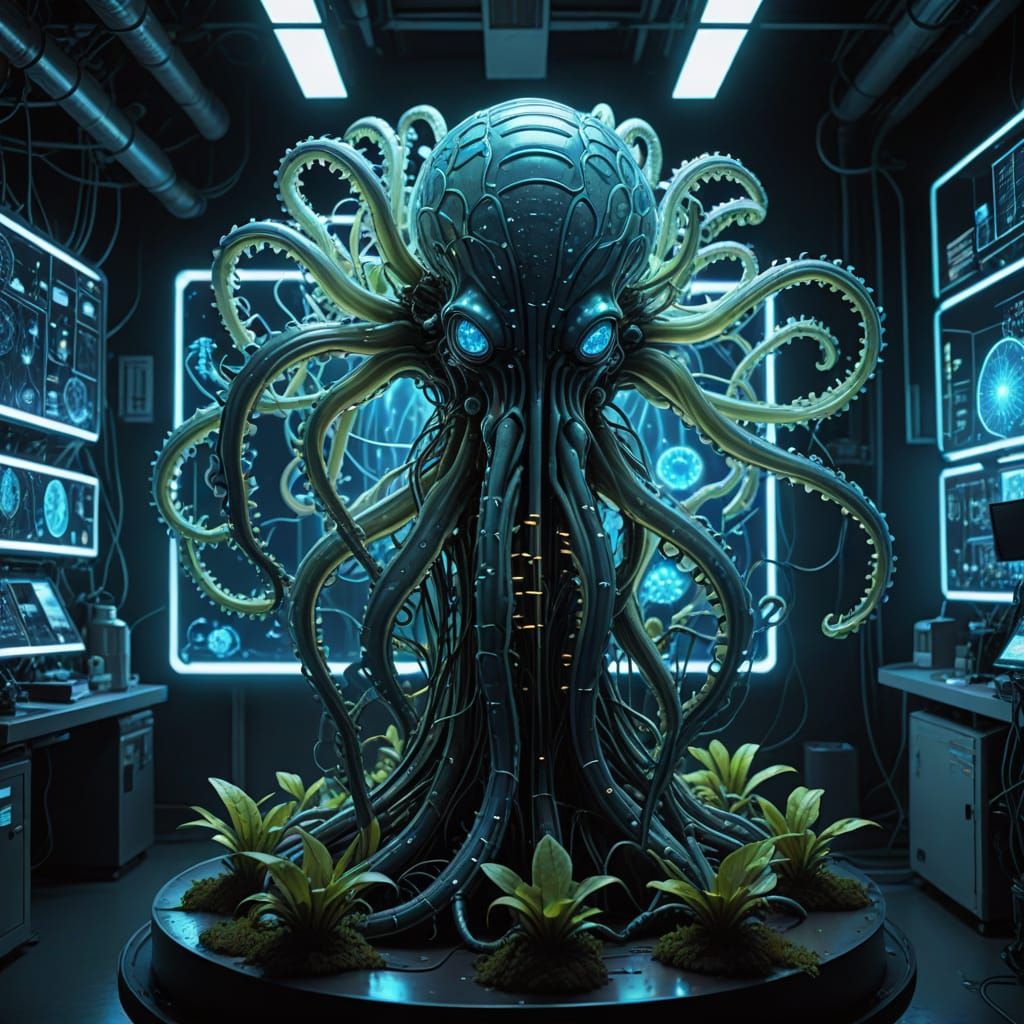 Tentacled Alien Examines Glowing Bioluminescent Plant in Fut...