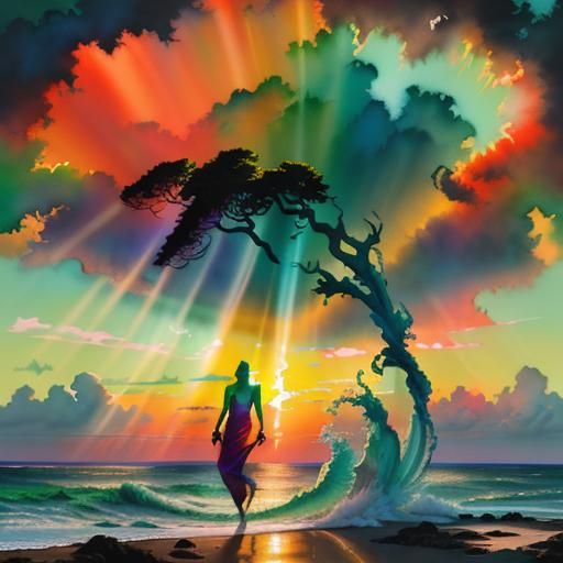 Vibrant Sunset Over Ocean in Gouache Style