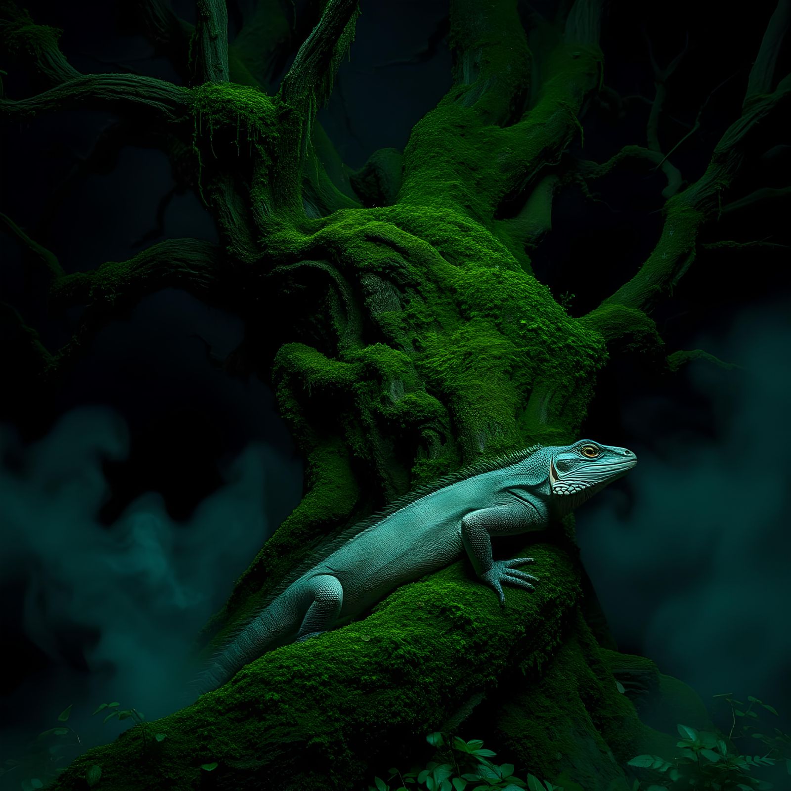 Eerie Night: Lizard in Mossy Tree