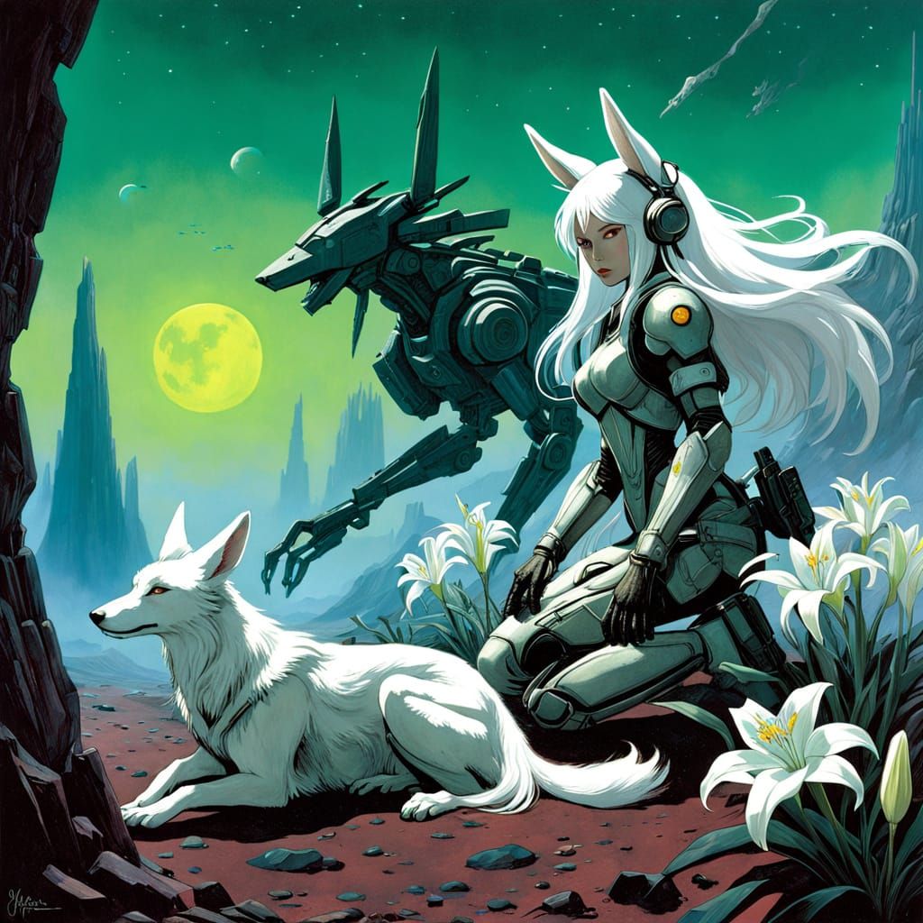 Heroic Warrior Women in Sci-Fi Mech Suits Stand on Hostile A...