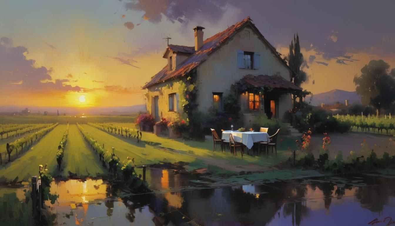 Sunrise and vinyard after rain