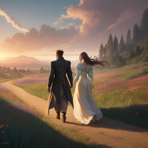 Couple in Flower Field at Sunset: Art Nouveau