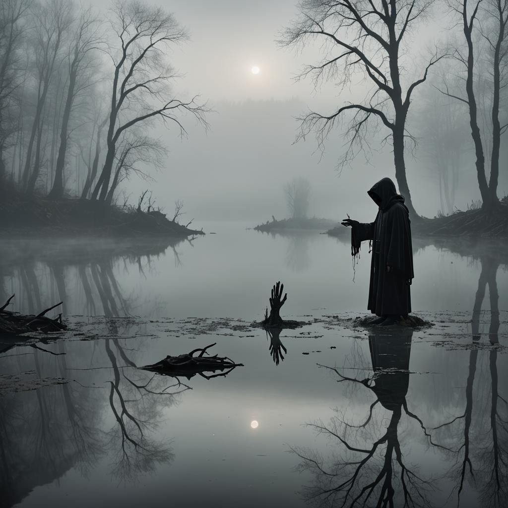 Eerie Ferryman at Black Lake in Hyper-Realistic Style