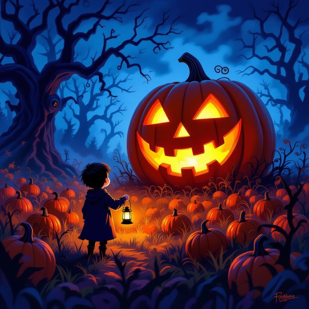 Linus Van Pelt Faces Giant Glowing Pumpkin in Haunted Forest