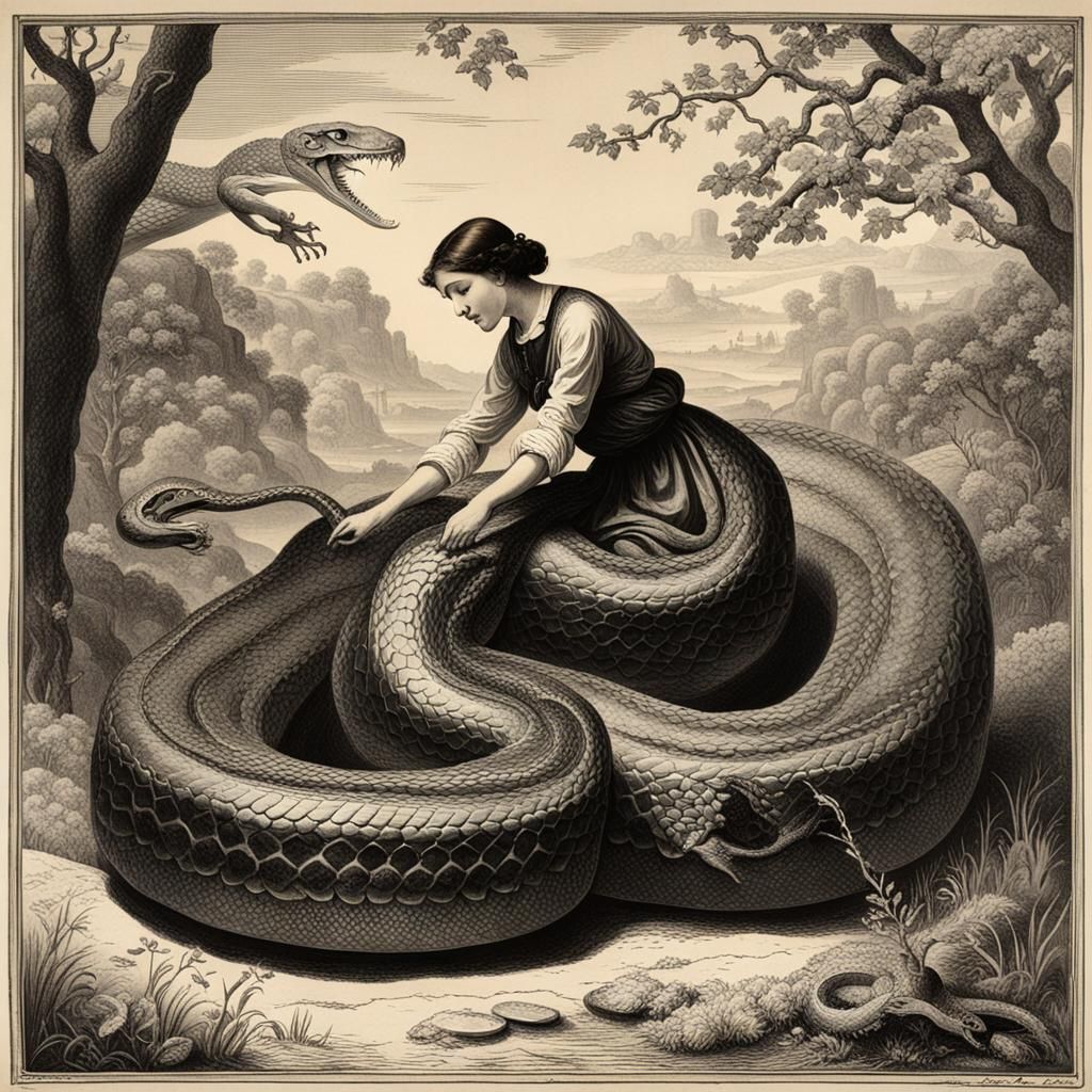 Woman Taming Giant Snake: Symbolic Art